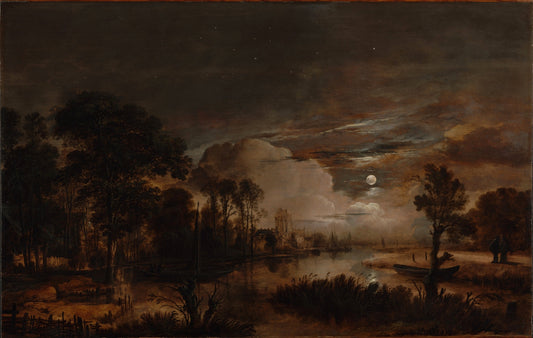 Moonlit Landscape with a View of the New Amstel River and Castle Kostverloren, vintage artwork by Aert van der Neer, 12x8" (A4) Poster