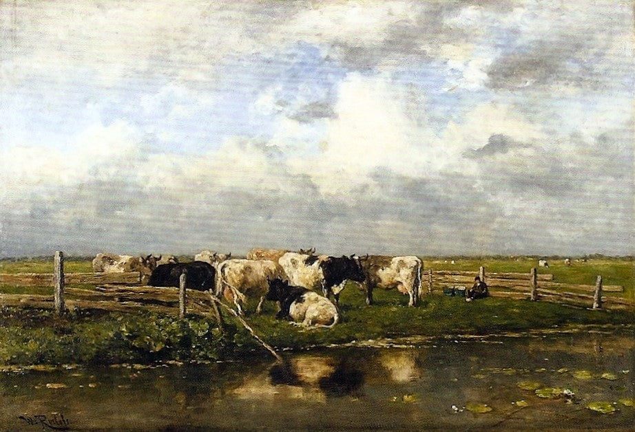 Cows by  a Watercourse, vintage artwork by Willem Roelofs, 12x8" (A4) Poster