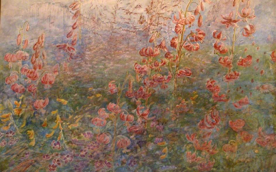Red Lilies on Blue Ground, vintage artwork by Christiana Herringham, 12x8" (A4) Poster
