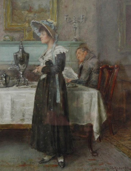 Lady standing beside a Table near a Man reading a Paper, vintage artwork by George Goodwin Kilburne, 12x8" (A4) Poster
