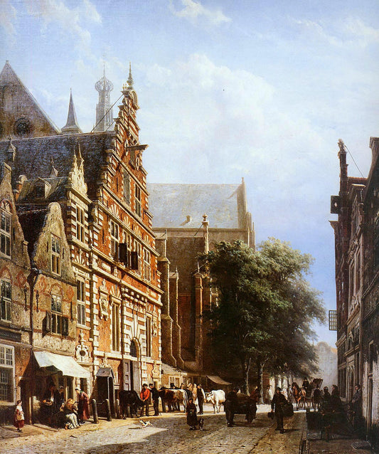 Vleeschhal and Grote Kerk in Haarlem, vintage artwork by Cornelis Springer, A3 (16x12") Poster Print