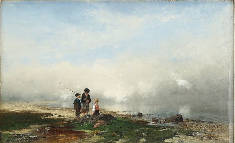 Beach scene with children, vintage artwork by Anders Kallenberg, 12x8" (A4) Poster