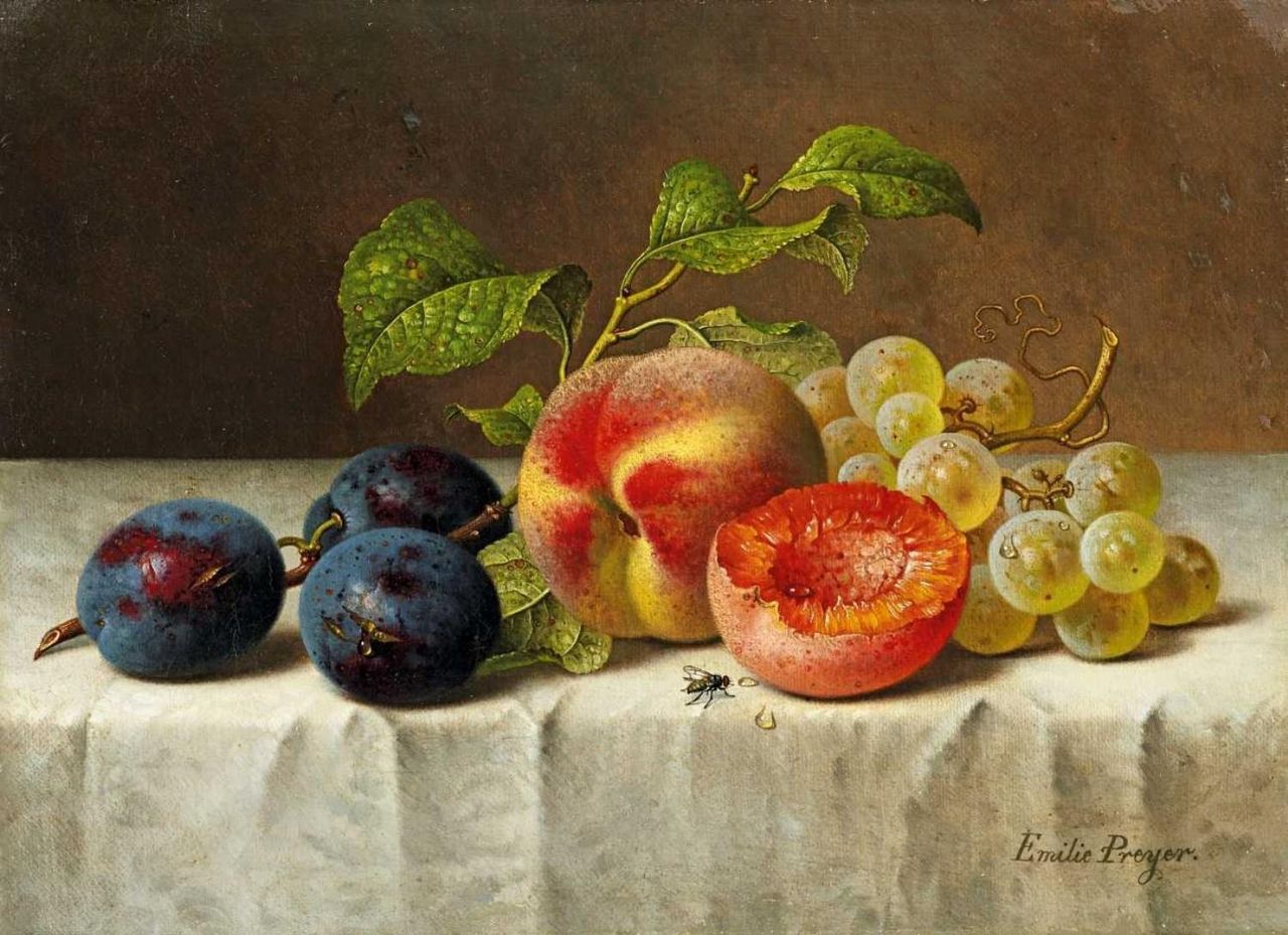 Still life with peaches, plums, and grapes, vintage artwork by Emilie Preyer, 12x8" (A4) Poster