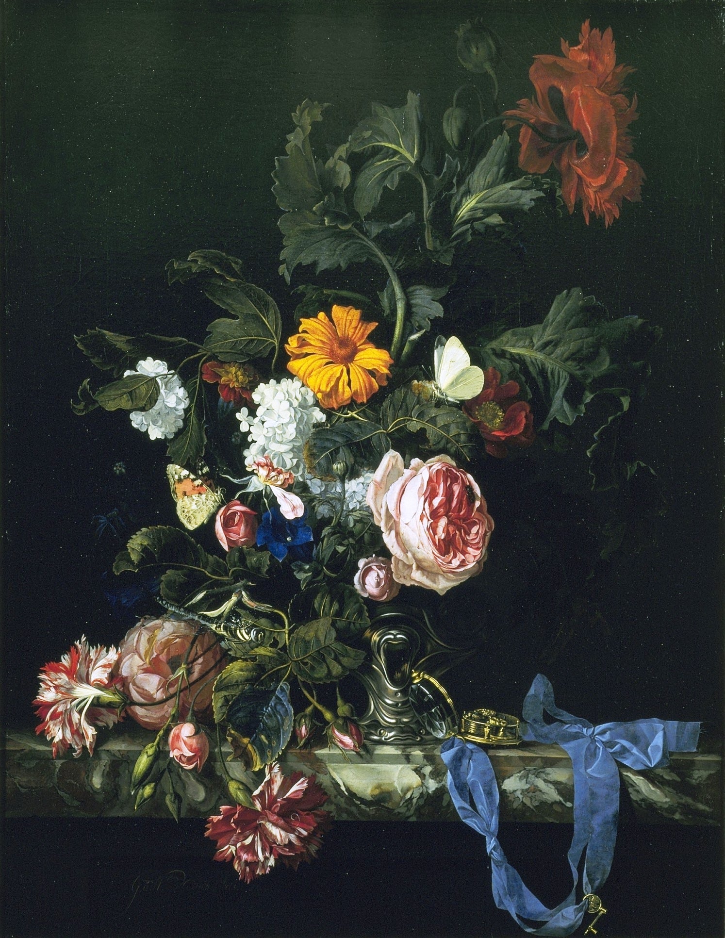 Flower Still Life with a Timepiece, vintage artwork by Willem van Aelst, 12x8" (A4) Poster