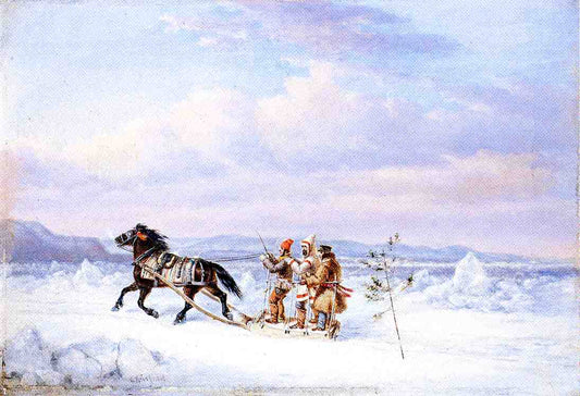 Huntsmen in Horsedrawn Sleigh, vintage artwork by Cornelius Krieghoff, A3 (16x12") Poster Print