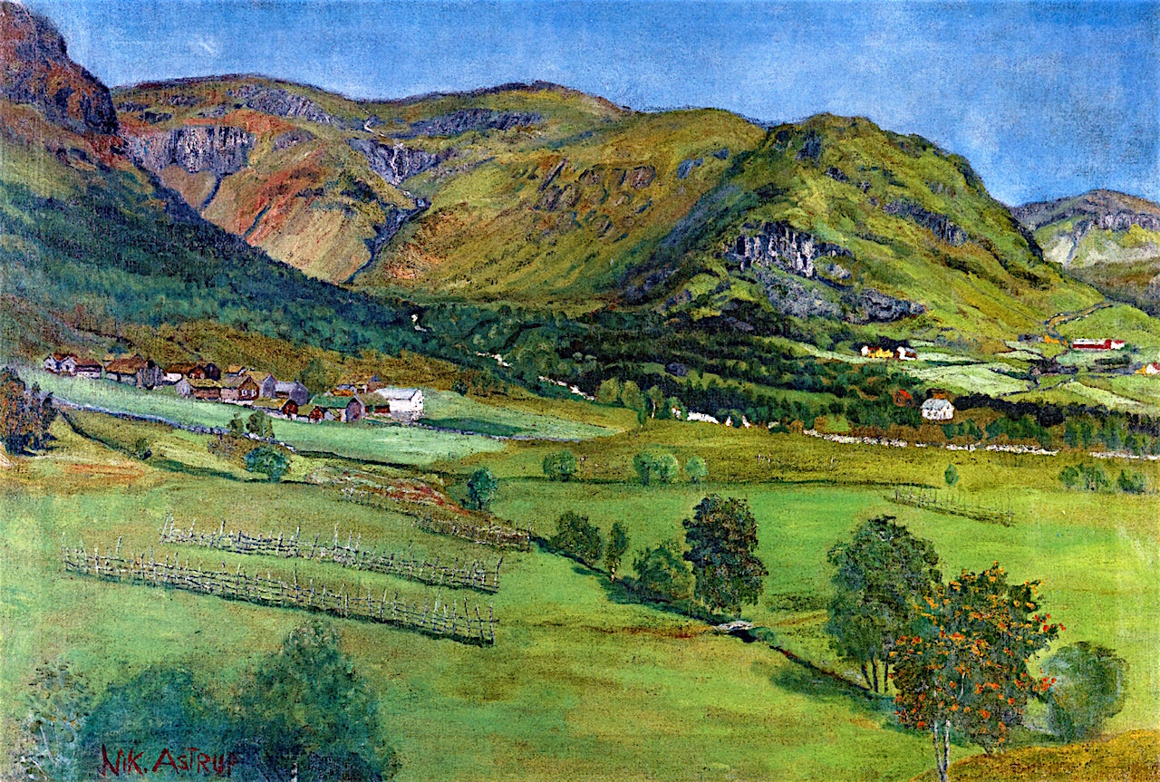Ålhustunet, Jølster, vintage artwork by Nicolai Astrup, 12x8" (A4) Poster
