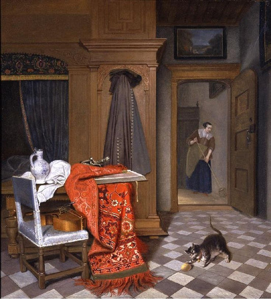 Interior with a Woman Sweeping, vintage artwork by Cornelis de Man, 12x8" (A4) Poster