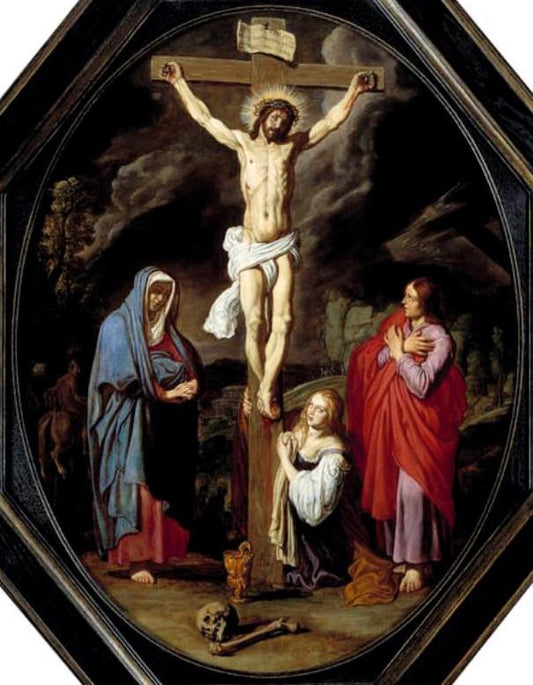 Crucifixion with Mary, St John and Magdalene, vintage artwork by Pieter Lastman, 12x8" (A4) Poster