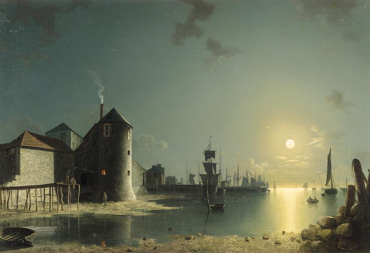 View of Southampton Harbor by  Moonlight, vintage artwork by Henry Pether, 12x8" (A4) Poster