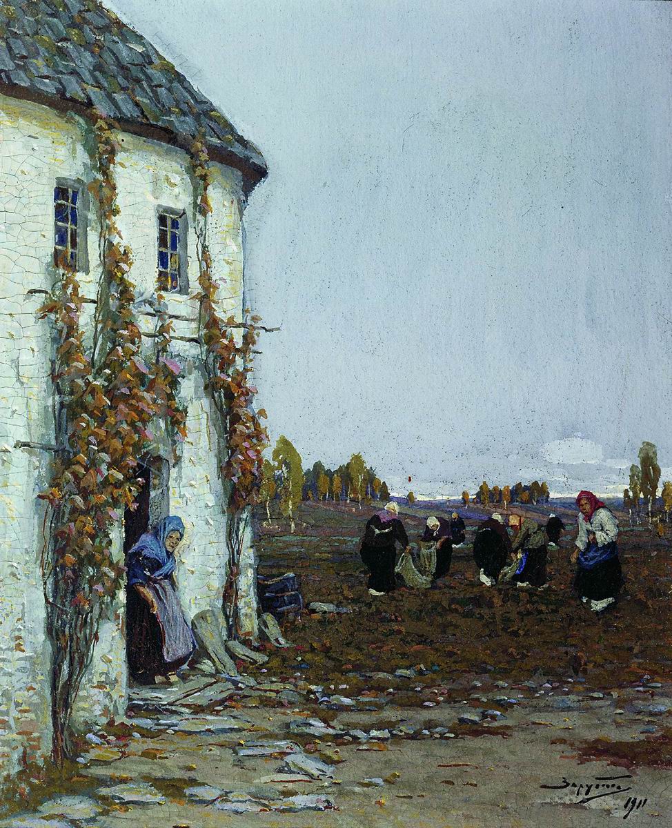 Potato Harvest, vintage artwork by Viktor Ivanovich Zarubin, 12x8" (A4) Poster