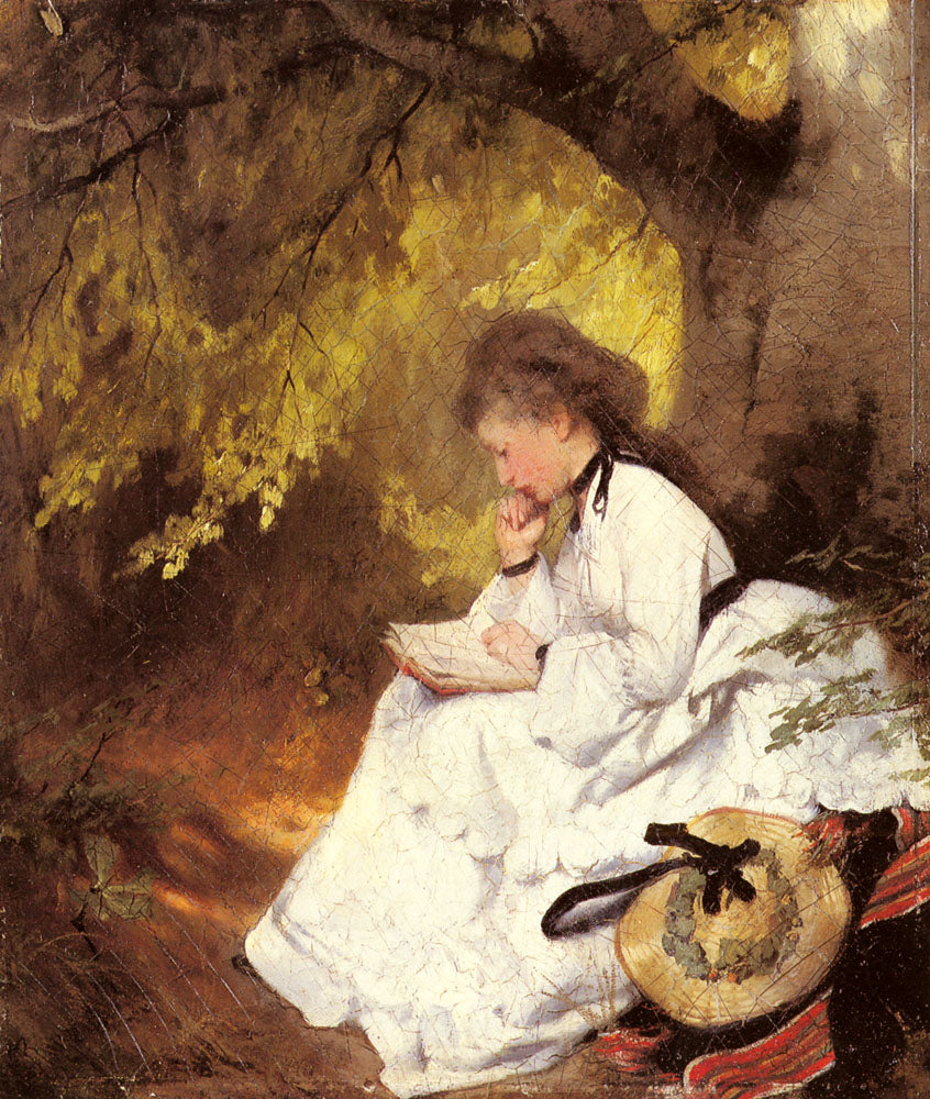 An Elegant Lady Reading Under a Tree, vintage artwork by Karl Raupp, 12x8" (A4) Poster