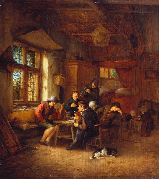 Interior of a Tavern with Five Peasants and a Woman, vintage artwork by Adriaen van Ostade, 12x8" (A4) Poster