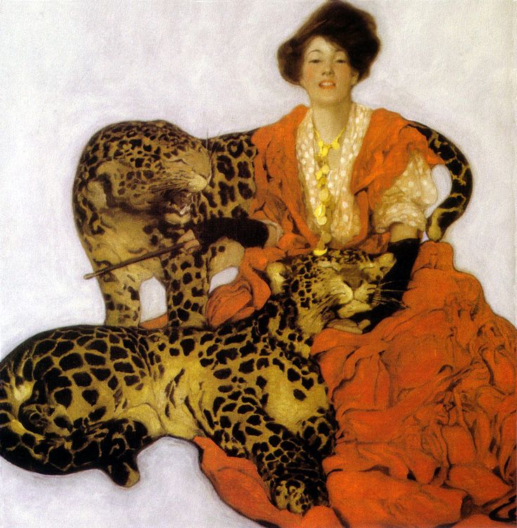 Woman with Leopards, vintage artwork by Sarah S. Stilwell, 12x8" (A4) Poster
