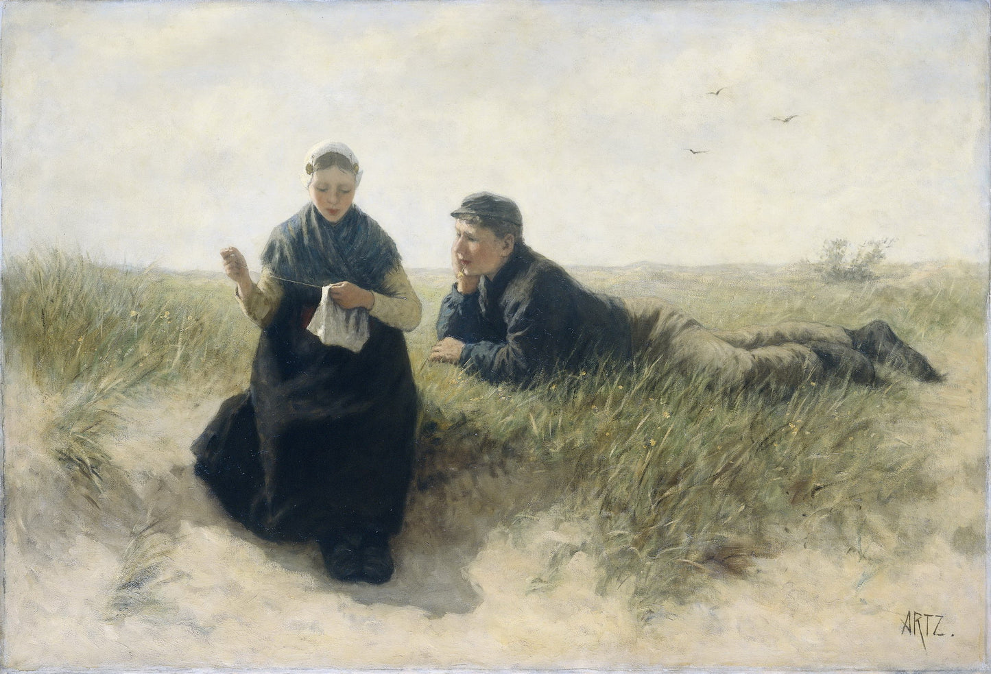 Boy and Girl in the Dunes, vintage artwork by David Adolph Artz, 12x8" (A4) Poster