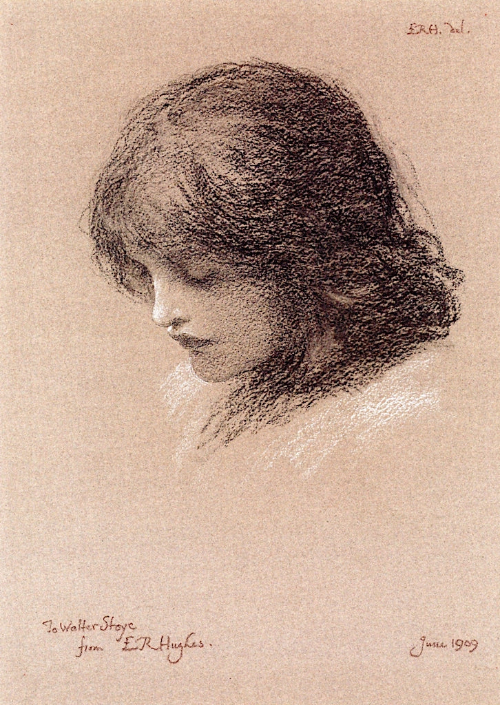 Head Study of a Young Girl, Looking downwards, vintage artwork by Edward Robert Hughes, 12x8" (A4) Poster