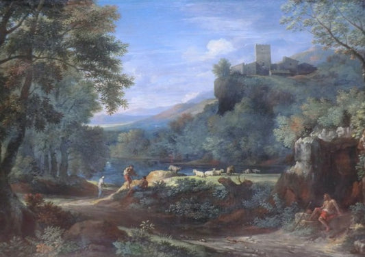 Italian Classical Landscape (Paysage du Latium), vintage artwork by Gaspard Dughet, 12x8" (A4) Poster