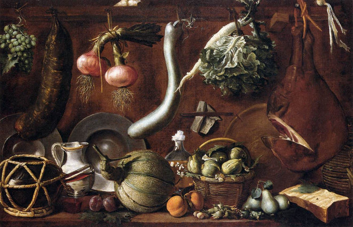 Still Life with Crockery, Fruit, Vegetables, Sausage and Ham, vintage artwork by Jacopo Chimenti, 12x8