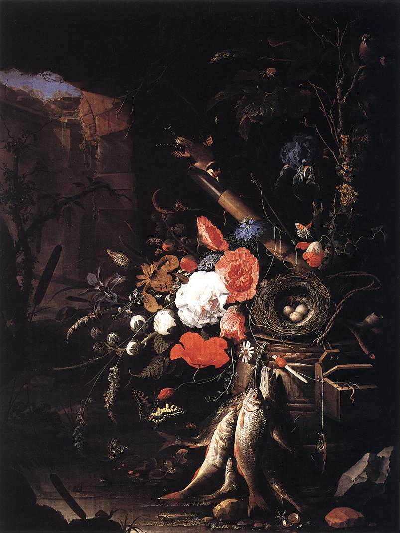 Still-Life with Fishes and Bird Nest, vintage artwork by Abraham Mignon, 12x8" (A4) Poster