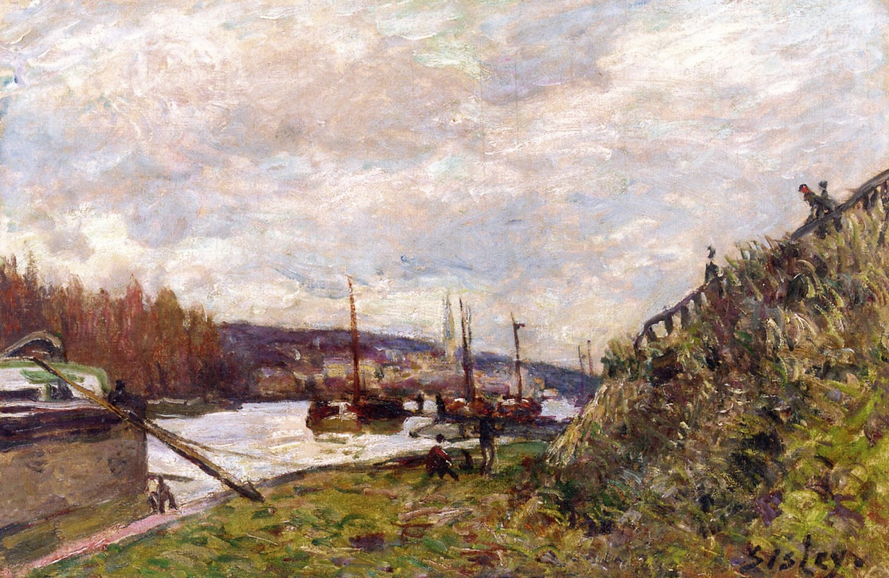 Barge on the Seine, Autumn Effect, vintage artwork by Alfred Sisley, 12x8" (A4) Poster