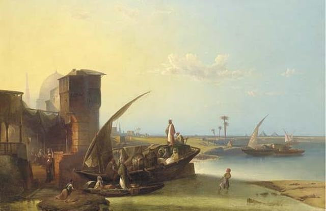 Dhows on the Nile, vintage artwork by George Washington Nicholson, 12x8