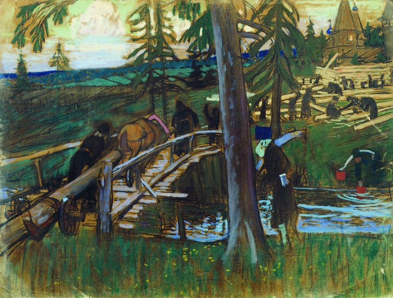 Building the Monastery, vintage artwork by Boris Mikhailovich Kustodiev, 12x8" (A4) Poster