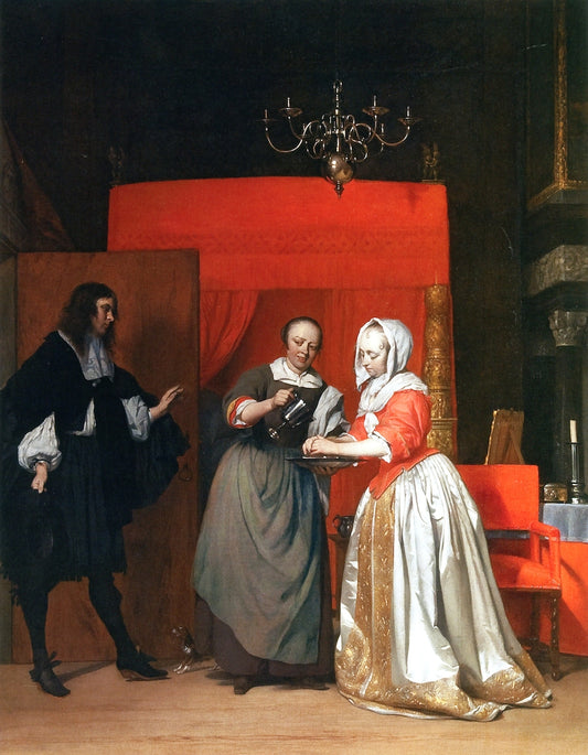 A Man Visiting a Woman Washing Her Hands, vintage artwork by Gabriël Metsu, 12x8" (A4) Poster