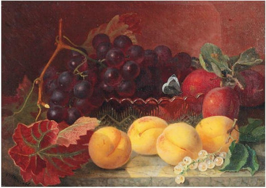 A glass disk of raspberries with a silver salver with peaches and white currants of a take, vintage artwork by Eloise Harriet Stannard, 12x8" (A4) Poster
