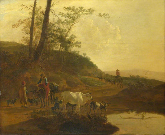 Muleteers and a Herdsman with an Ox and Goats by  a Pool, vintage artwork by Jan Both, 12x8" (A4) Poster