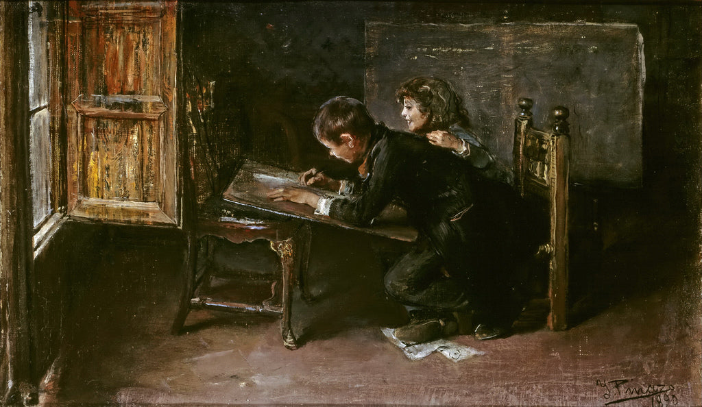 Boys Drawing, vintage artwork by Ignacio Pinazo Camarlench, 12x8" (A4) Poster