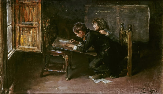 Boys Drawing, vintage artwork by Ignacio Pinazo Camarlench, 12x8" (A4) Poster