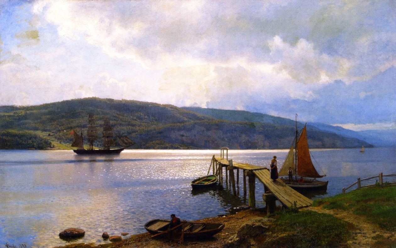 The Jetty at Feste near Moss, vintage artwork by Hans Gude, 12x8" (A4) Poster