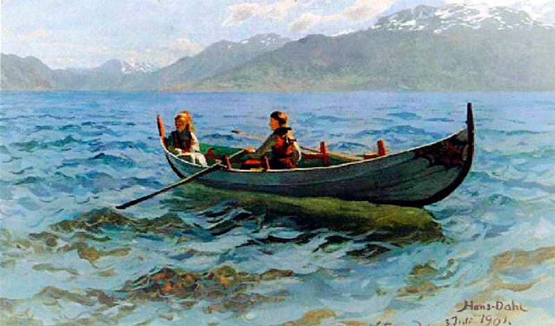 Boating at Balestrand, vintage artwork by Hans Dahl, 12x8" (A4) Poster