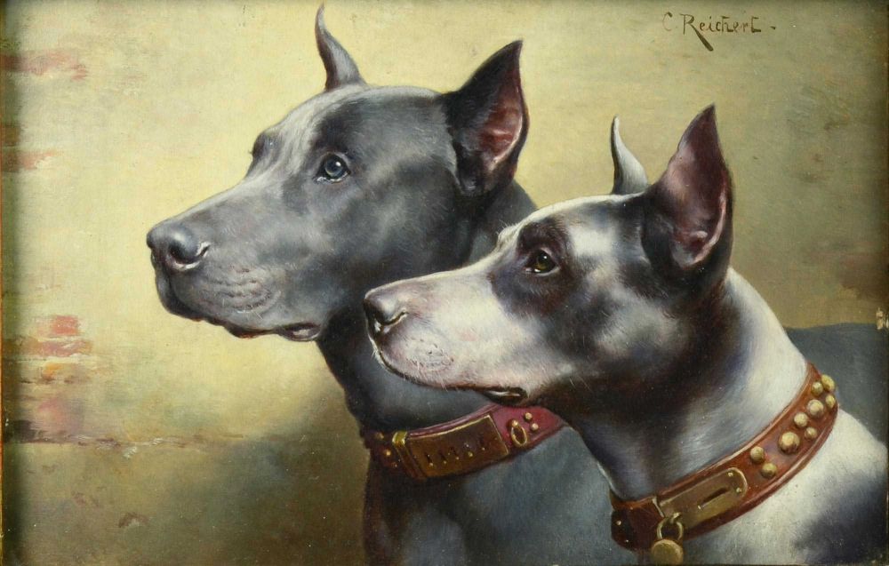 Two Great Danes, vintage artwork by Carl Reichert, 12x8" (A4) Poster