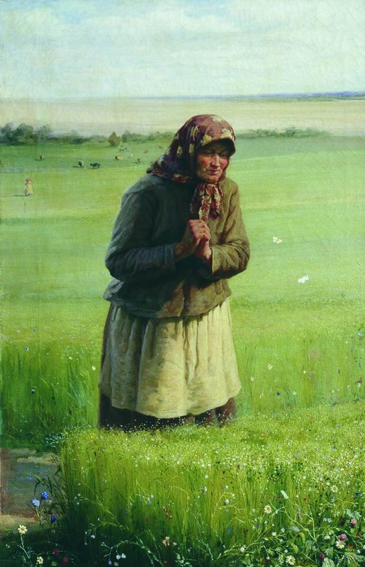 Old Woman in the Field, vintage artwork by Vasily Maximov, 12x8" (A4) Poster