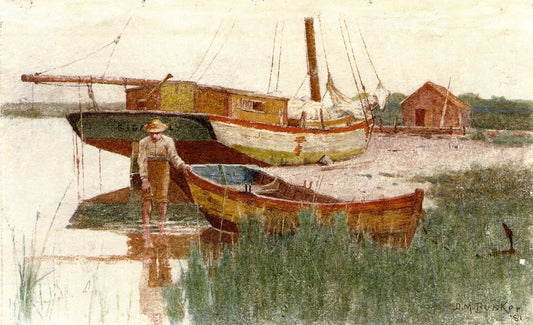 Boy with Rowboat, vintage artwork by Dennis Miller Bunker, 12x8" (A4) Poster