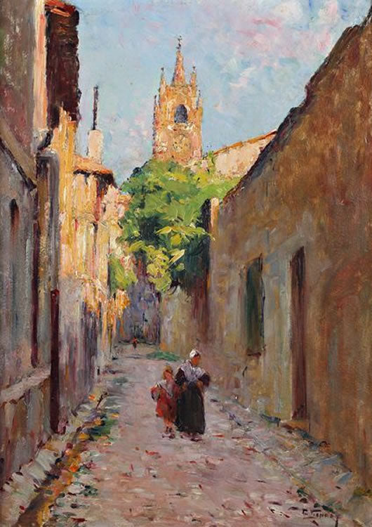 Street with Carmes Church, vintage artwork by Charles Vionnet, 12x8" (A4) Poster