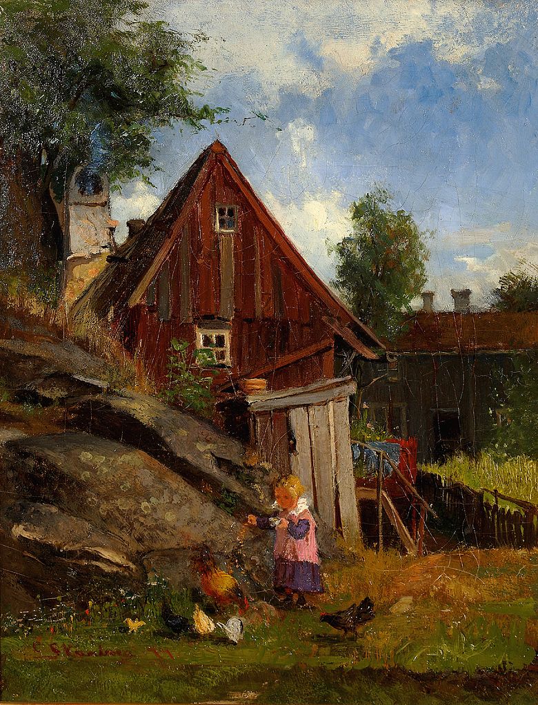 Girl with Chickens, vintage artwork by Carl Skanberg, 12x8" (A4) Poster