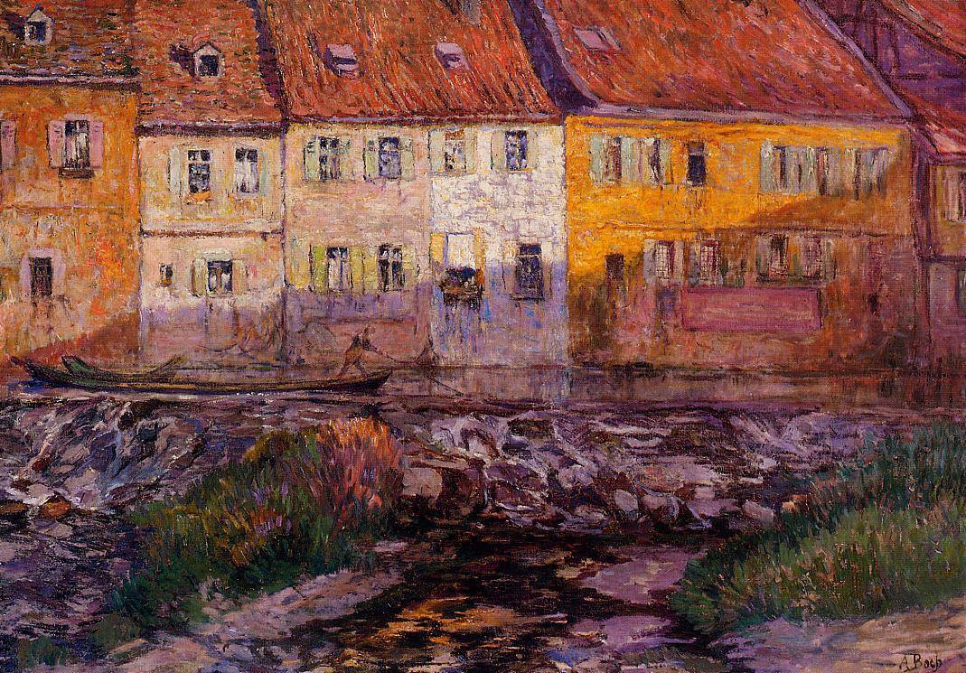 Pink and Yellow Houses, vintage artwork by Anna Boch, 12x8" (A4) Poster