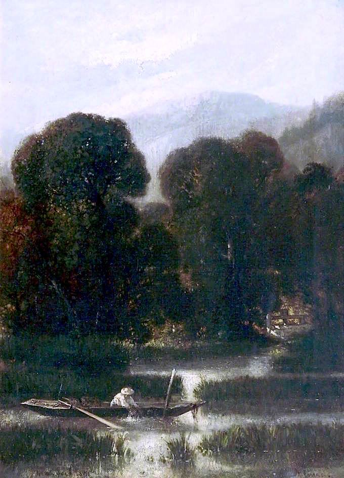 Landscape with a Boat and a Man Fishing, vintage artwork by Auguste Joseph Delessard, 12x8" (A4) Poster
