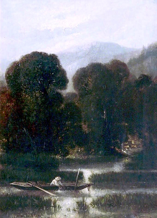 Landscape with a Boat and a Man Fishing, vintage artwork by Auguste Joseph Delessard, 12x8" (A4) Poster