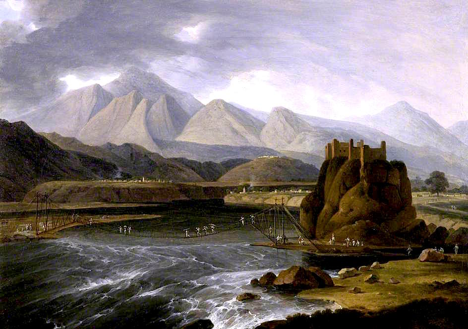 Rope Bridge Over the Alakananda River at Srinagar, Garhwal, vintage artwork by Thomas Daniell, 12x8" (A4) Poster