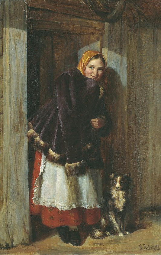 At the Door, vintage artwork by Nikolai Rachkov, 12x8" (A4) Poster