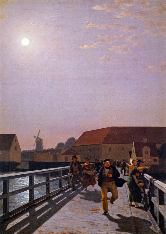 Long Bridge, Copenhagen in the Moonlight, vintage artwork by Christoffer Wilhelm Eckersberg, 12x8" (A4) Poster
