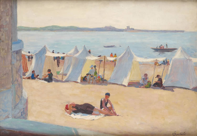 On the Beach at Saint Jean de Luz, vintage artwork by Louis Benjamin Floutier, 12x8" (A4) Poster