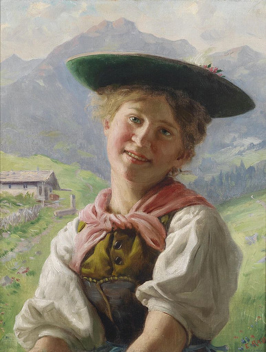 Girl in the Mountain Landscape, vintage artwork by Emil Rau, 12x8" (A4) Poster