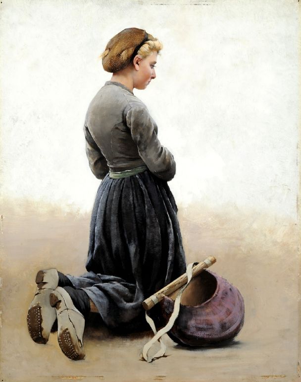 Girl Kneeling, vintage artwork by August Wilhelm Nikolaus Hagborg, 12x8" (A4) Poster