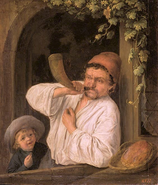 A Baker Blowing his Horn, vintage artwork by Adriaen van Ostade, 12x8" (A4) Poster