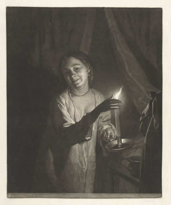 Woman in sleepwear, with a candle, vintage artwork by Nicholaas Verkolje, 12x8" (A4) Poster