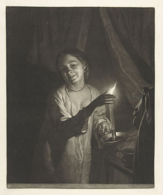 Woman in sleepwear, with a candle, vintage artwork by Nicholaas Verkolje, 12x8" (A4) Poster