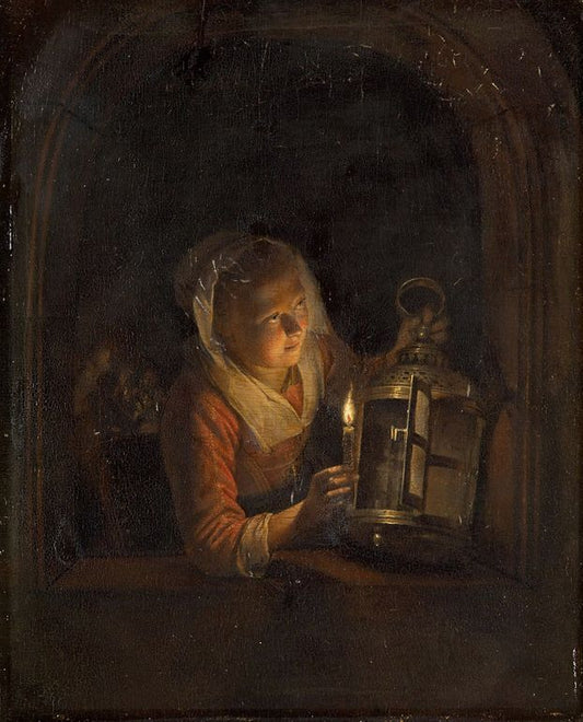Girl at the window with lantern, vintage artwork by Gerrit Dou, 12x8" (A4) Poster